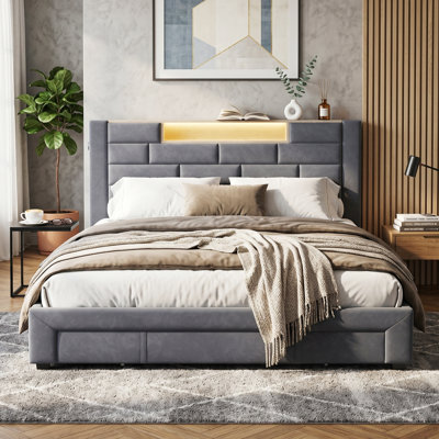 UK Grey Velvet Storage Bed with USB-C Charging Ports, Upholstered Bed Frame with 3 Drawers & App-Controlled RGB LED Headboard