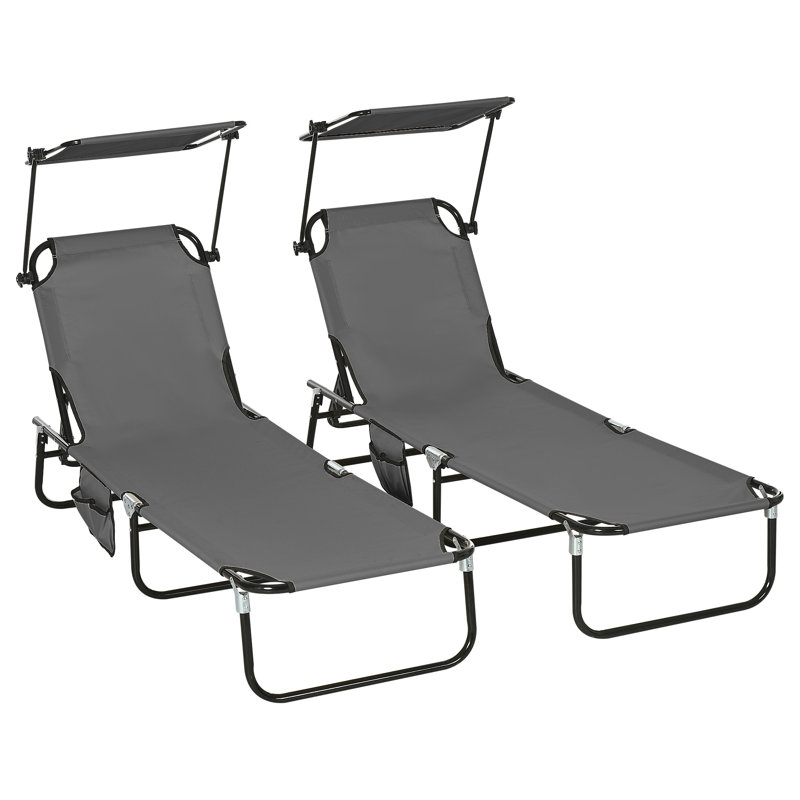 Gray Metal Outdoor Folding Chaise Lounge Set with Sunshade