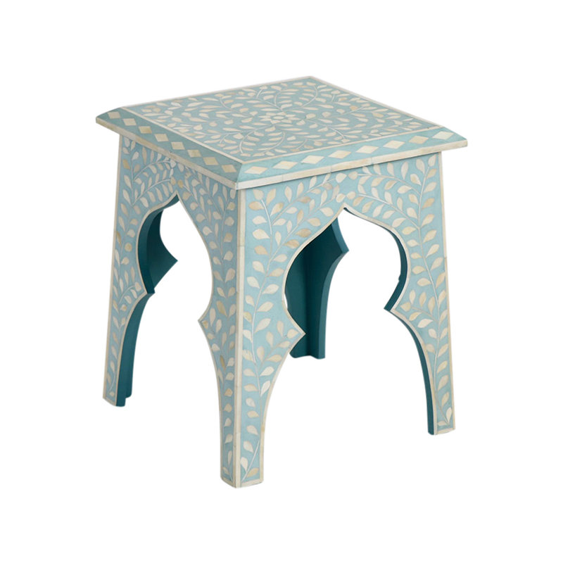 Sky Blue Solid Wood Rectangular End Table with Bone Inlay