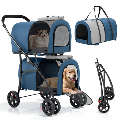 Poussette pliante pour animaux de compagnie pour chats et chiens 4-en-1 Poussette double pour petits et moyens animaux avec chariot convertible