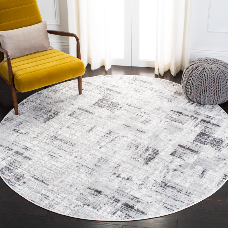Tapis gris / noir à motif abstrait Zaid, Rond 6 pi 7 po