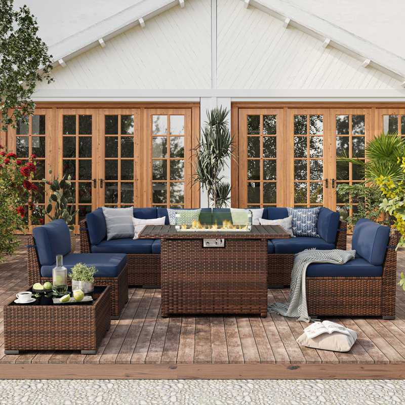 6 Person Rattan Sectional Seating Group With Cushions, Blue, Yes