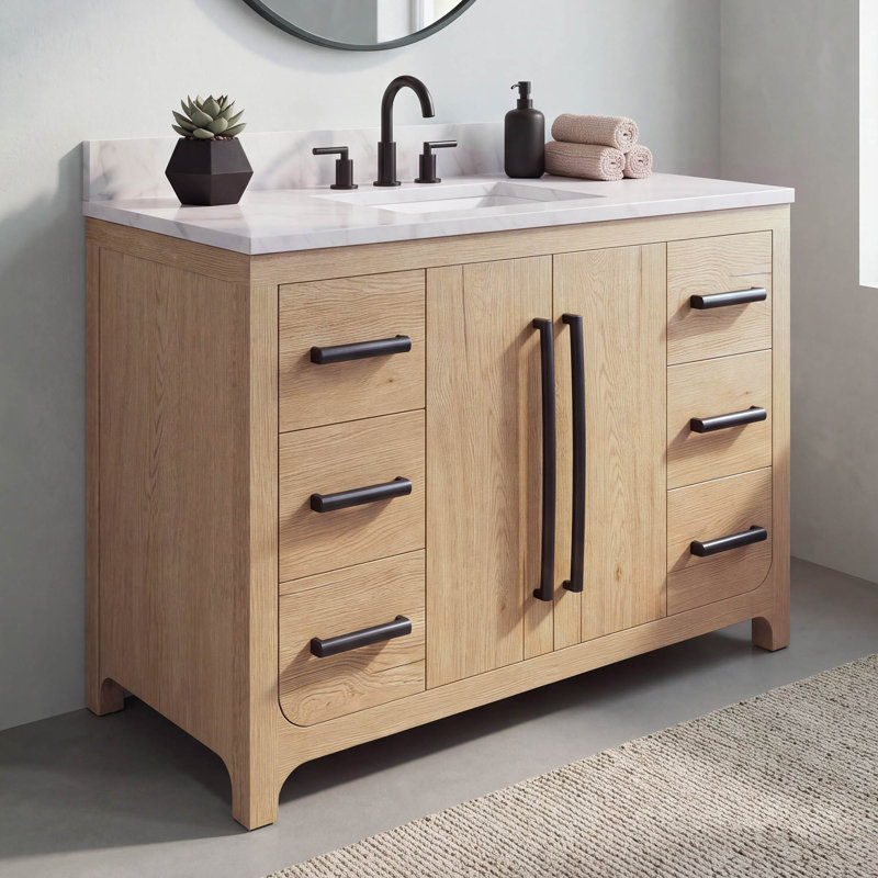 Graelyn 48 In. Single Rectangle Sink Bathroom Vanity With Engineered Carrara White Marble In Weathered Oak, Weathered Oak