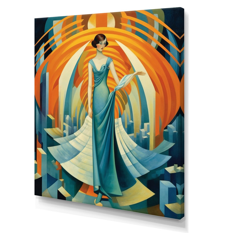 Art Deco Cosmopolitan Gracieuse danseuse en bleu - mode femme, reproduction sur toile encadrée, Toile tendue