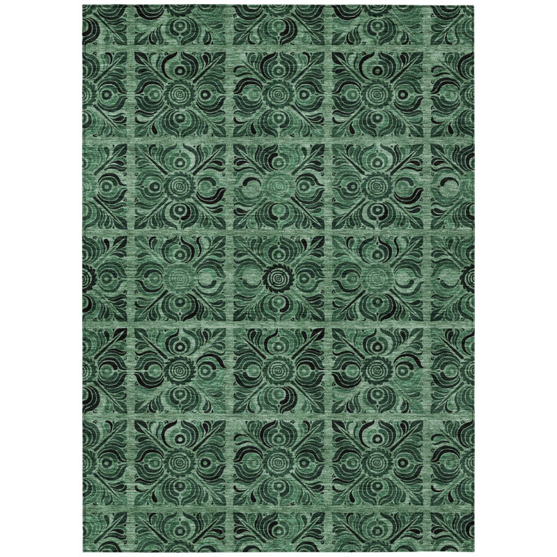 Tapis extérieur lavable 9 pi x 12 pi médaillon vert et gris anthracite lavable