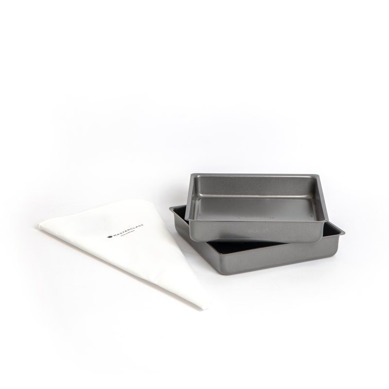 MasterClass 3pc Baking Set, 2x Non-Stick Loose Base Round 20cm Square Sandwich Pans and 40cm Icing & Piping Bag