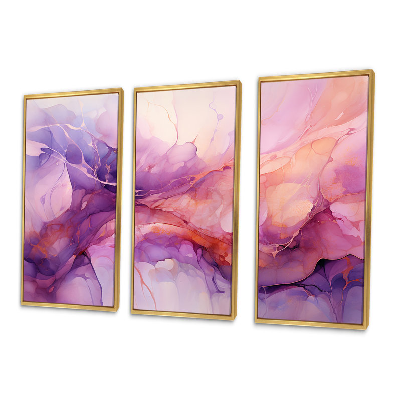 Ensemble d'art mural abstrait Tuba Terrain Mountainous Mauve I - encre liquide, Cadre flottant doré