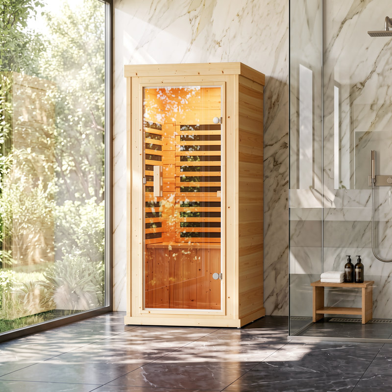 Sauna Pro-Sauna infrarouge intérieur 1 personne en bois d'épinette avec porte en verre trempé, éclairage DEL et commande numérique, pour un spa et une détente à domicile