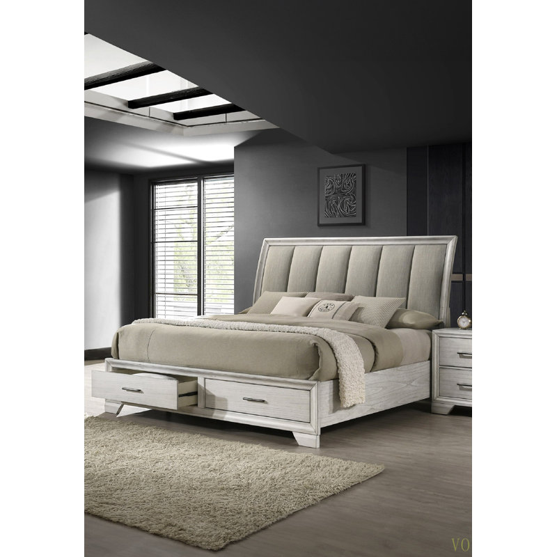 Lit plateforme grand avec rangement 1pc, Blanc antique, Grand lit