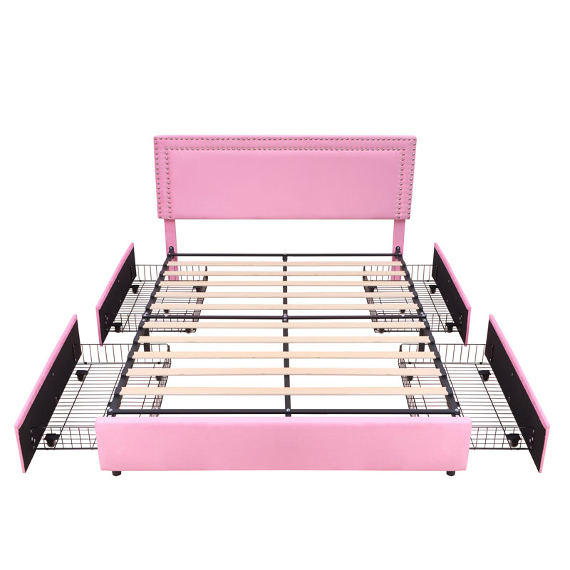 Lit double avec tiroirs de rangement Lit plateforme tapissier réglable, Double, Rose