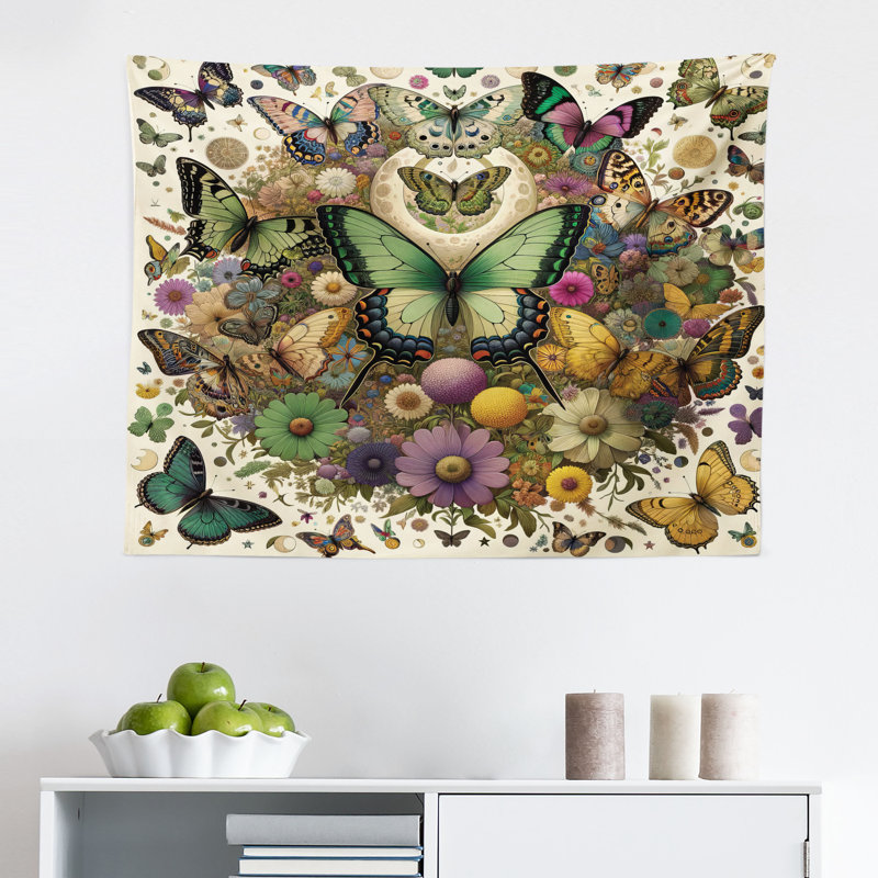 Winston Porter Boho Wall Hanging Tapestry Dancing Moth Butterfly Flower Fern Green Lilac Orange, H 23 po x l 28 po