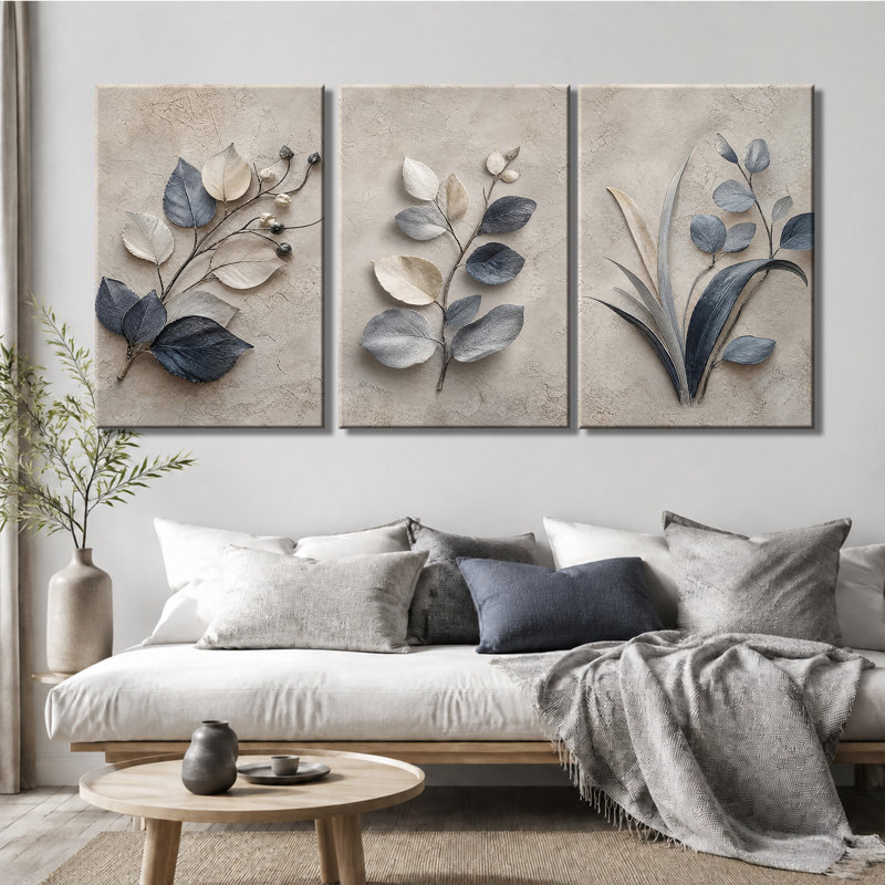 Tableau sur toile texturé 3D représentant des feuilles et des branches d'eucalyptus - Décoration murale neutre