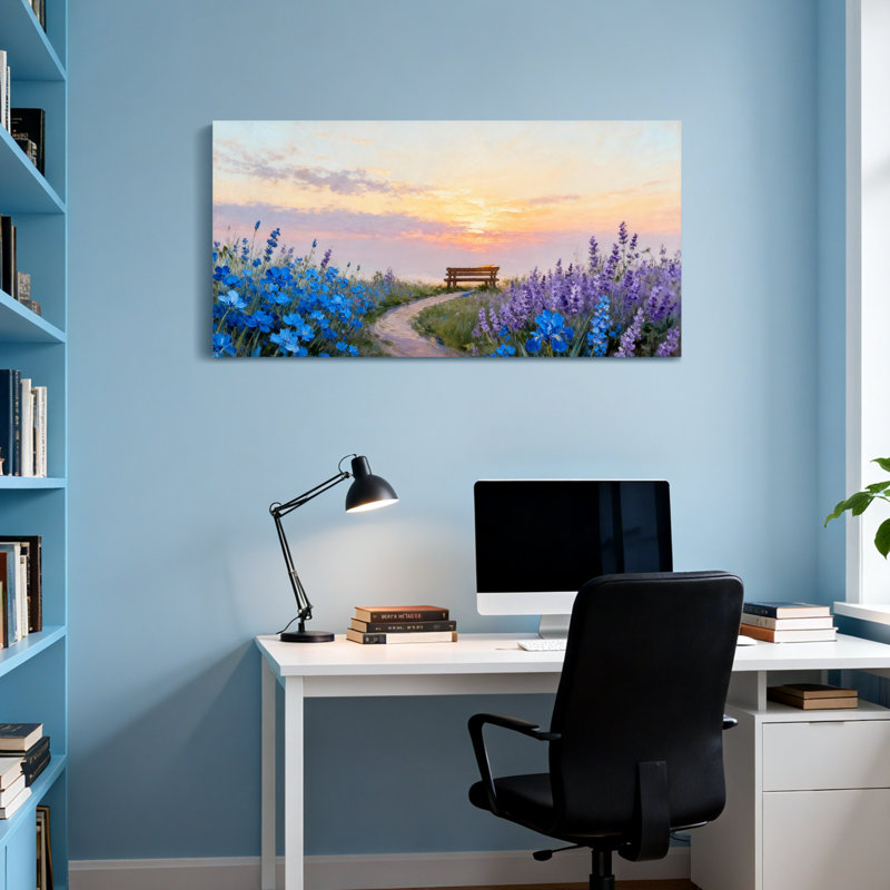 Plantes et fleurs, coucher de soleil, sentier, banc, champ de fleurs, toile de paysage, H 16 po x l 32 po