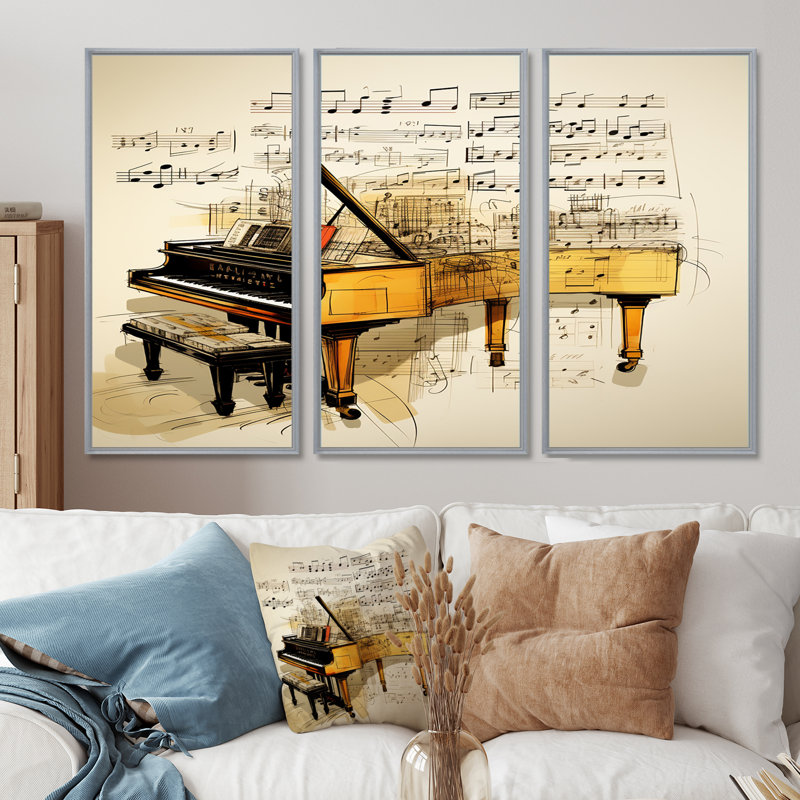 Acushnet - Ensemble de reproductions d'art mural piano, H 28 po x l 36 po x P 1 po, Encadrement argenté