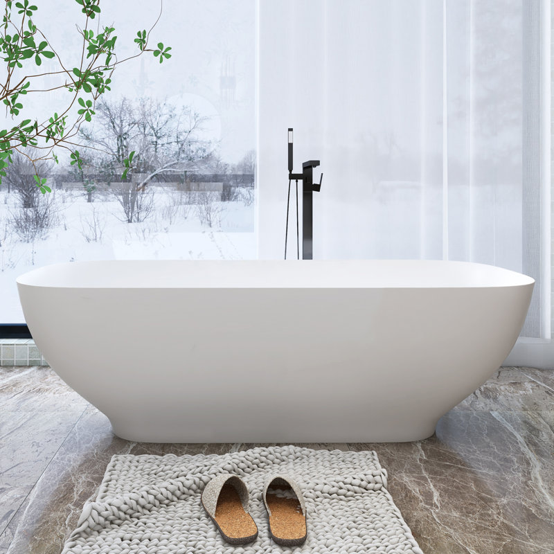 Matte White Freestanding Soaking Bathtub with Overflow and Drain