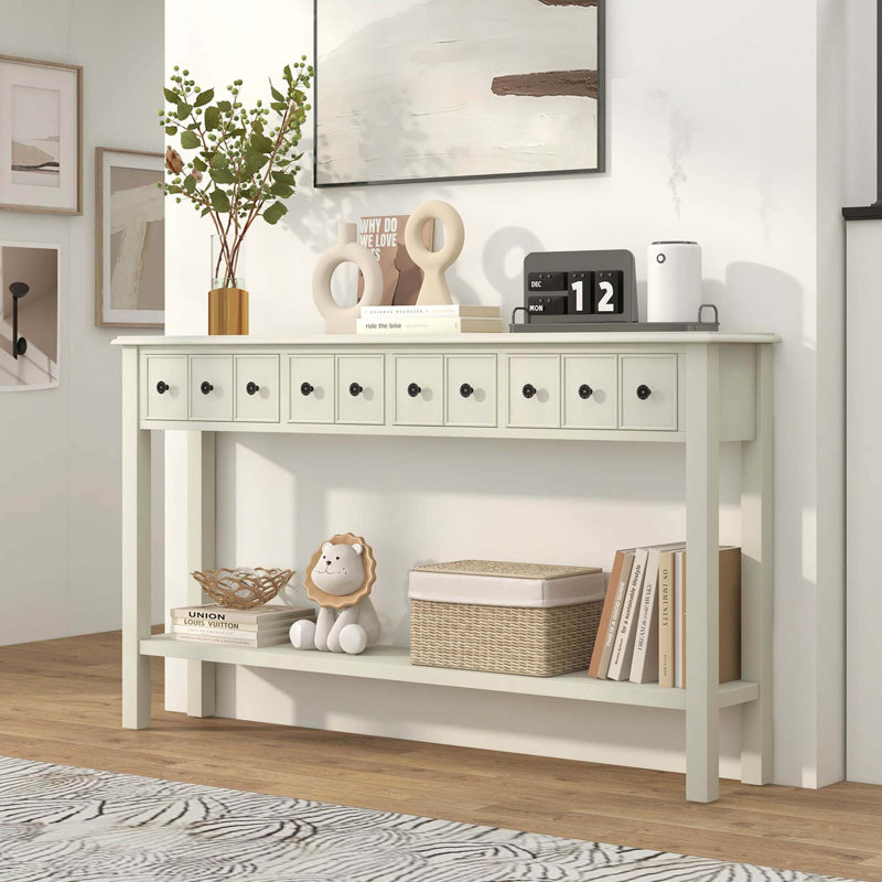 Lark Manor™ 60" Console Table Retro Entryway Sofa Table With 4 Drawers & Open Shelf Hallway White