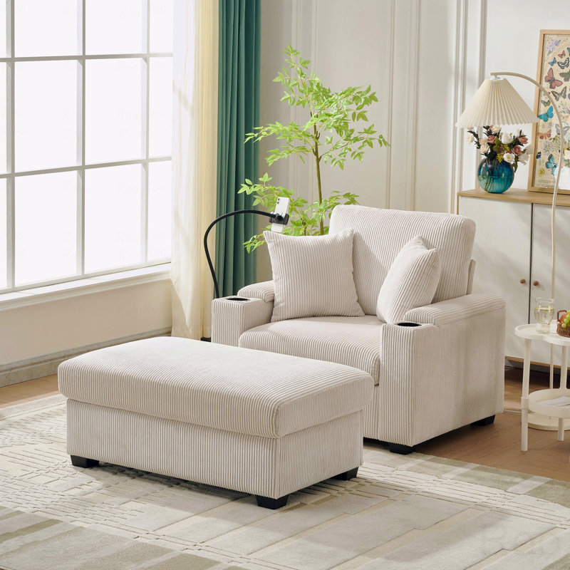 Fauteuil d'appoint 55 po surdimensionné avec repose-pieds et rangement, fauteuil d'appoint de base en velours côtelé confortable avec porte-gobelet, port de charge pour téléphone portable, fauteuil d'appoint inclinable de base