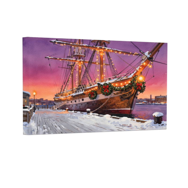 Bateau de Noël de Noël ancré dans un port enneigé au crépuscule, H 24 po x l 36 po