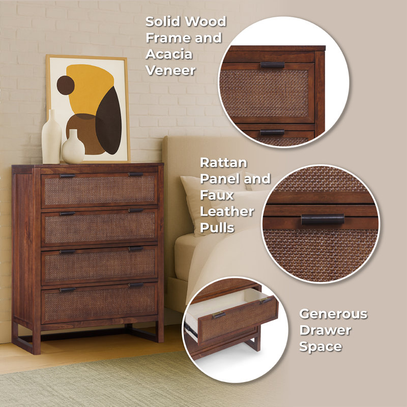Modern Boho 4-Drawer Dresser with Rattan Inlay Fronts, Faux Leather Pulls & Solid Wood For Bedroom Storage Organization