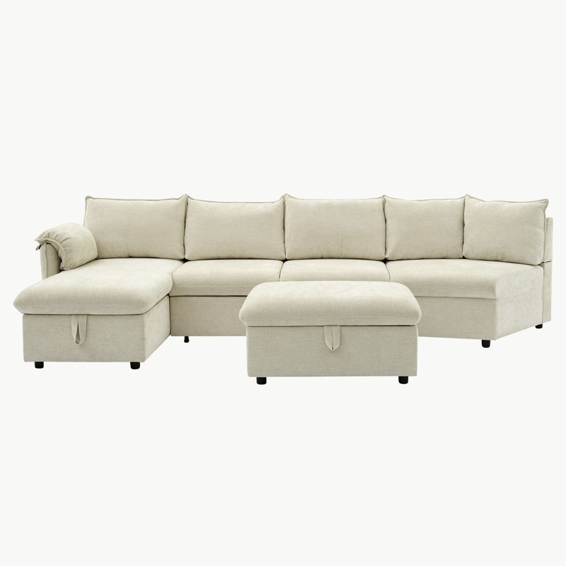 146.9" L-shaped Sofa Sectiona, Beige Linen