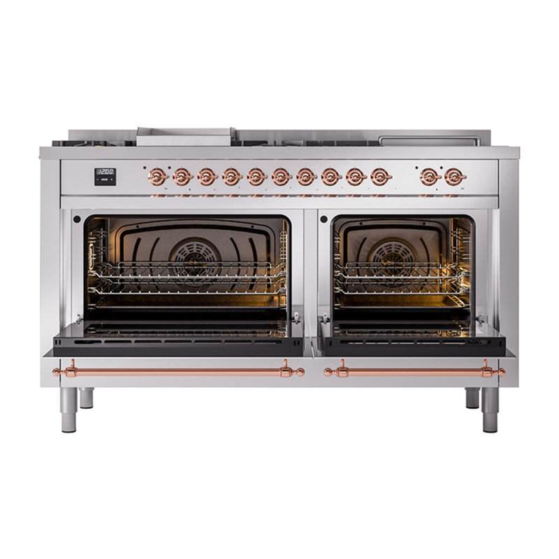 ILVE Nostalgie II Noblesse 60 in Dual Fuel Range 7 Burner, Griddle, Frenchtop, Natural Gas, Stainless Steel/Copper