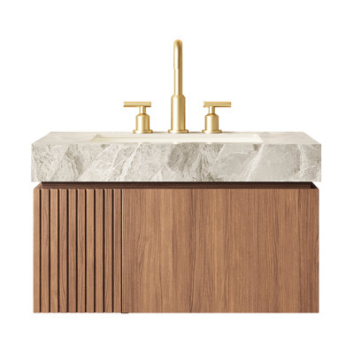 Meuble-lavabo de 30 po, meuble-lavabo flottant en contreplaqué, surface en pierre frittée grise, lavabo en céramique avec trop-plein et trous de robinet, pré-assemblé, meuble-lavabo et lavabo à jet d'eau, rangement, 3 trous