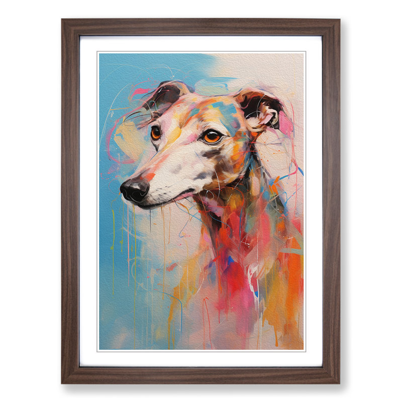 Whippet Gestural - Single Picture Frame Print on Wood, Walnut Framed, 46cm H x 34cm W