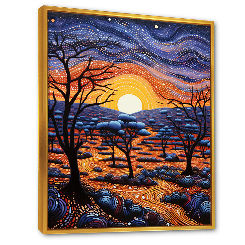 «Native Ancestral Sunrise Landscape» sur toile, H 32 po x l 16 po x P 1 po, Cadre flottant doré