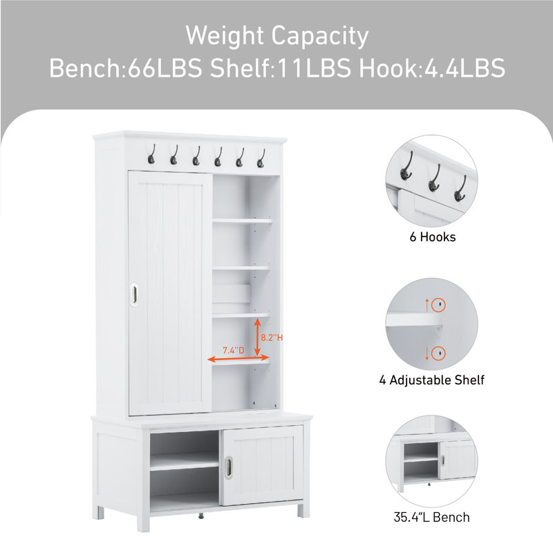 Arbre d'entrée de 35,4 po de large avec banc et rangement pour chaussures Klutsch, Blanc