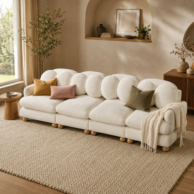 Canapé d'angle modulaire Gatton en chenille, canapé 4 places à assise profonde avec 8 coussins décoratifs, structure en bois massif, accoudoirs arrondis et pieds en bois, canapé de salon rétro-moderne