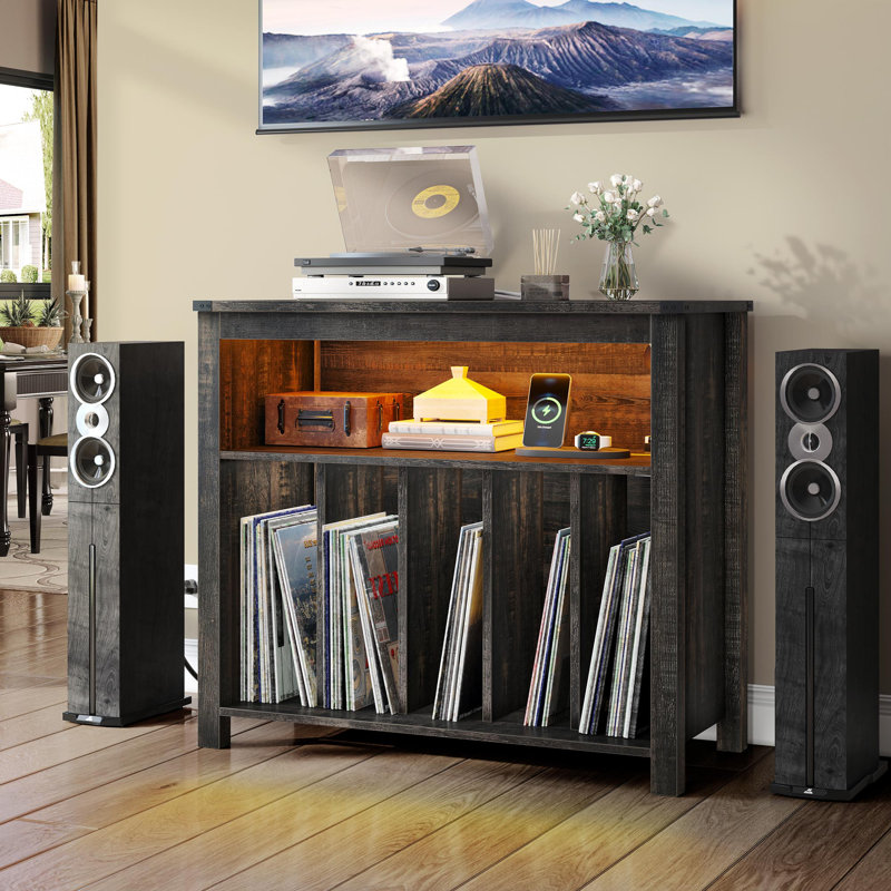 Braeson LED Record Player Stand, Large Media Storage Cabinet Shelves Table with Built-In Power Outle, Black