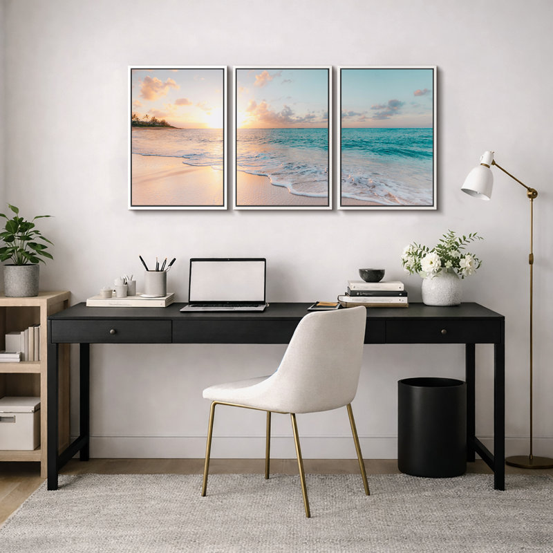 «Coastal Beach», «Esthétique coucher de soleil sur un rivage bleu sarcelle», images murales nautiques modernes et vibrantes, grand ensemble de 3 impressions sur toile encadrées, 16 po x 24 po x 3 pièces, 24 po x 36 po x 3 pièces, 20 po x 60 po x 3