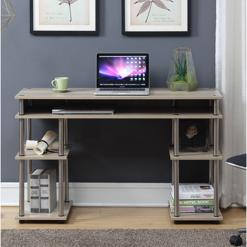Bureau d'écriture avec tablettes sans outils Edwin, Blanc glacé / mâts argentés