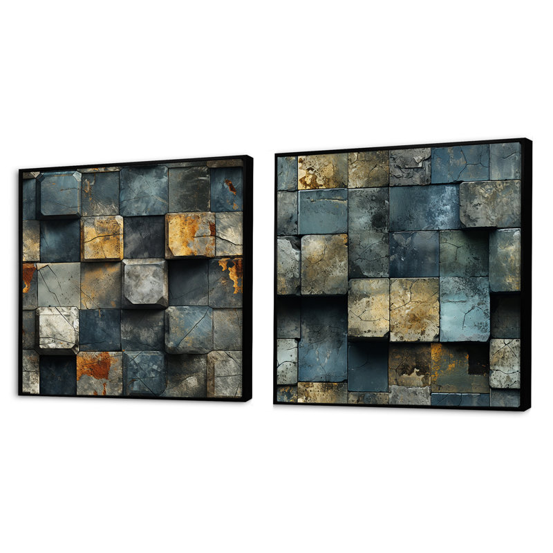 Consuello - Ensemble de 2 collages carrés à formes abstraites, Cadre flottant noir, H 16 po x l 33 po