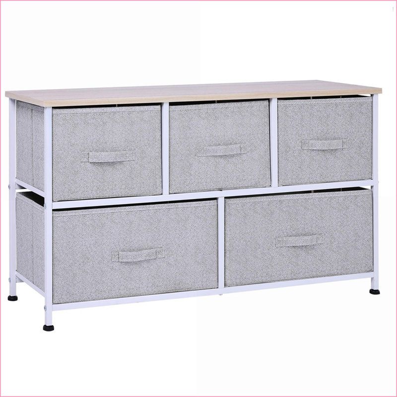 Rangement horizontal à 5 tiroirs avec bacs en tissu, structure en acier gris ardoise | Minimaliste | Chambre à coucher