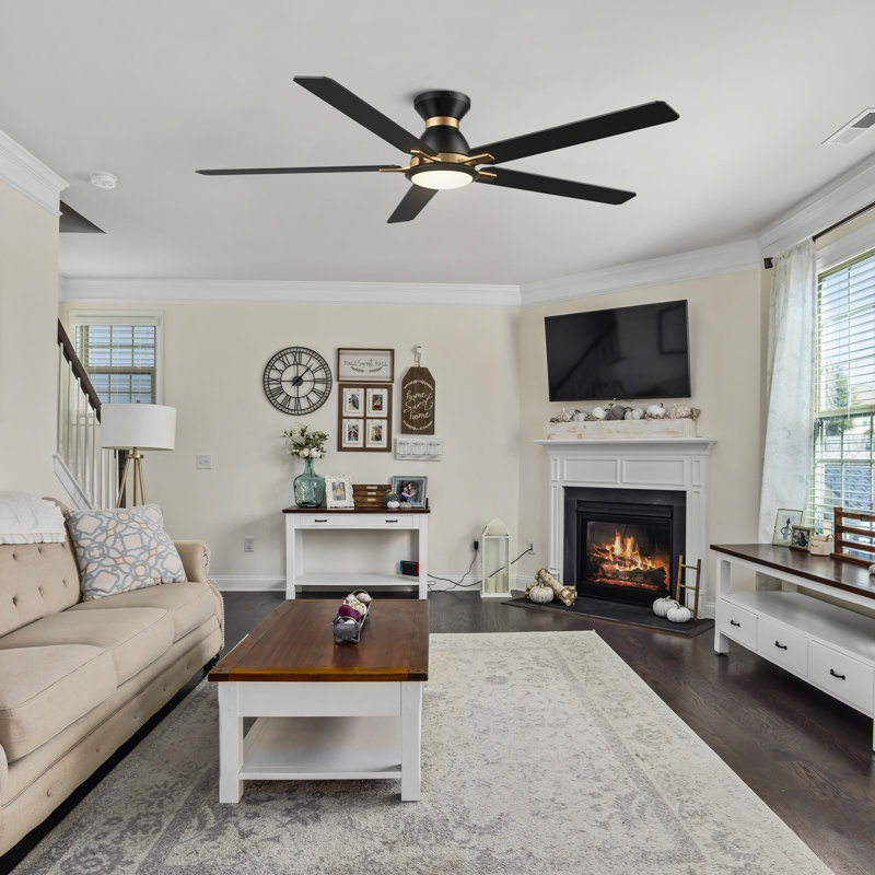 60'' Flush Mount Black Ceiling Fan with Light and Remote
