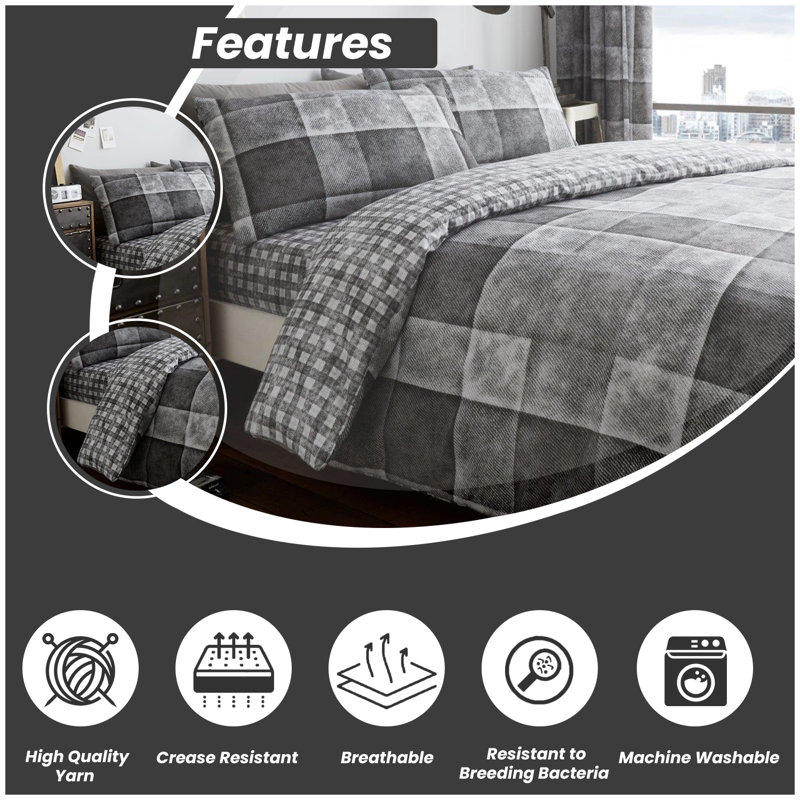 GC Printed Cotton Blend Chequered Duvet Cover Set with Pillowcases, Single - 1 Standard Pillowcase, Grey