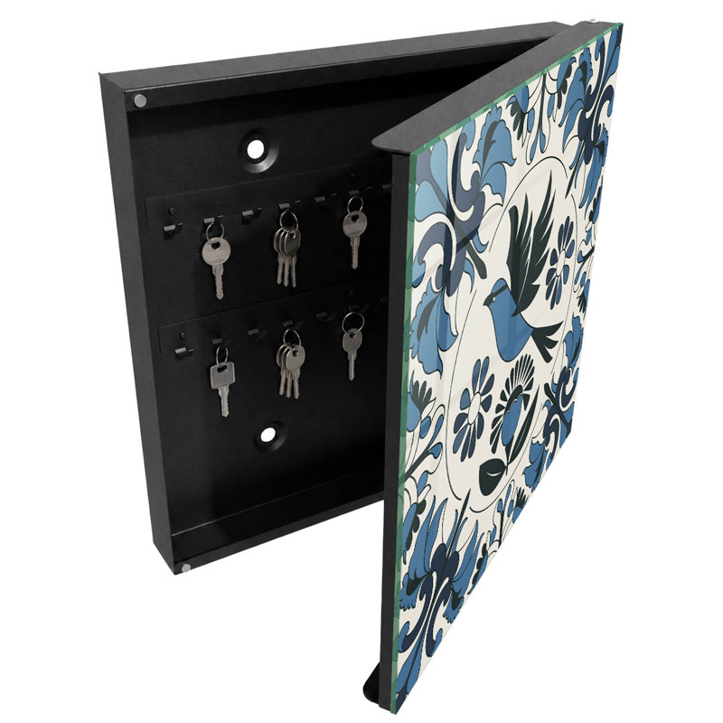 Key box for wall, Opens to the right, 30x30x5, Black, A bird among patterns in shades of blue, 