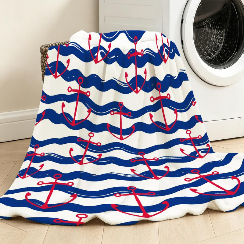 Jeté en flanelle bleue ultra douce, imprimé ancre rouge marine, Jeté 30 po x 40 po