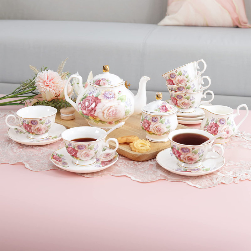 Service à café en porcelaine européenne, service à thé Pink Women, service à thé en porcelaine tendre, théière à café floral rétro avec tasses