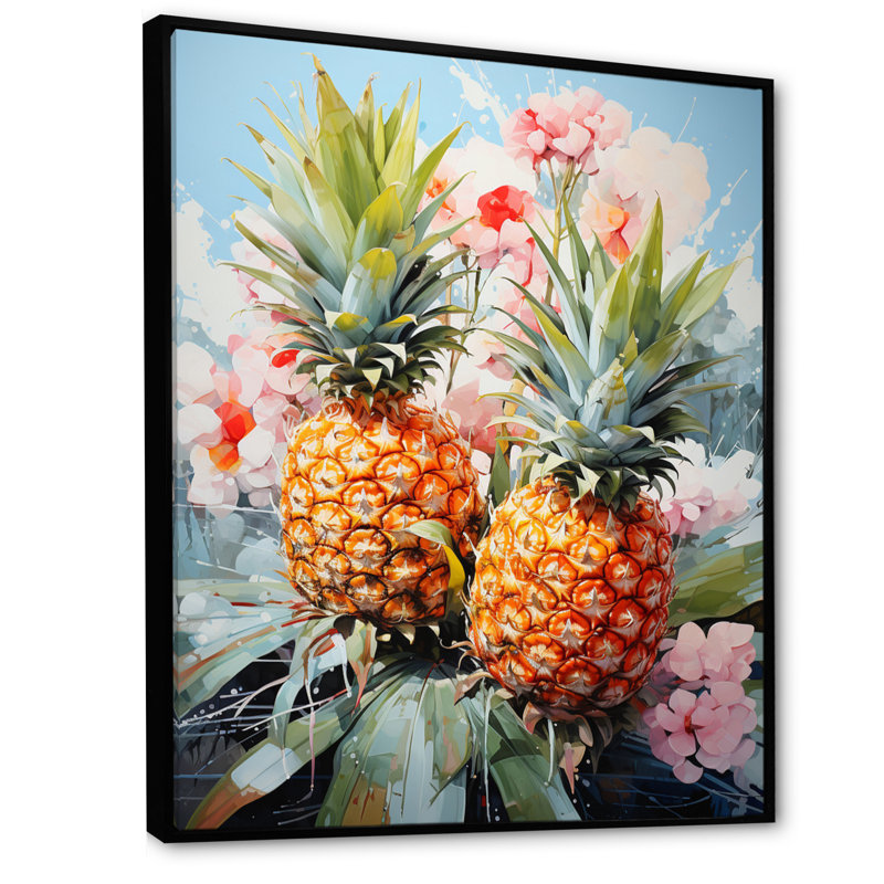 Pineapples Floral Bouquet II - reproduction de cadre flottant sur toile, Cadre photo noir, H 20 po x l 12 po x P 1 po
