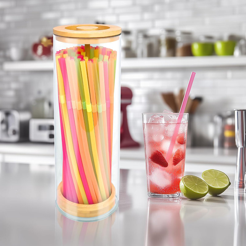 10-Inch Drinking Straw Dispenser,Acrylic Straw Organizer With Bamboo Lid