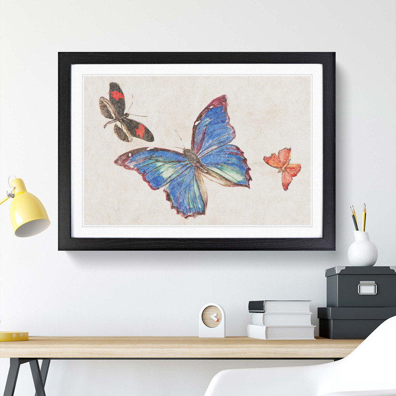 Three Butterflies by Fujishima Takeji - Picture Frame Painting Print, 36cm H x 48cm W x 2cm D, Black Framed