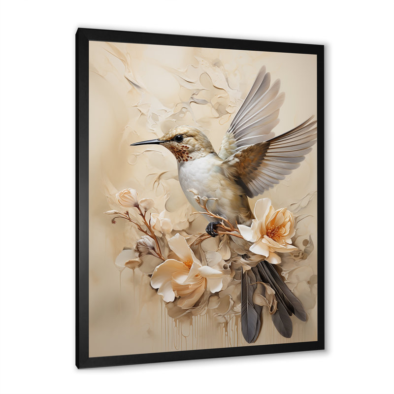 Colibri floral flottant I - Art mural colibri pour le salon, H 32 po x l 24 po x P 1 po, Cadre simple noir