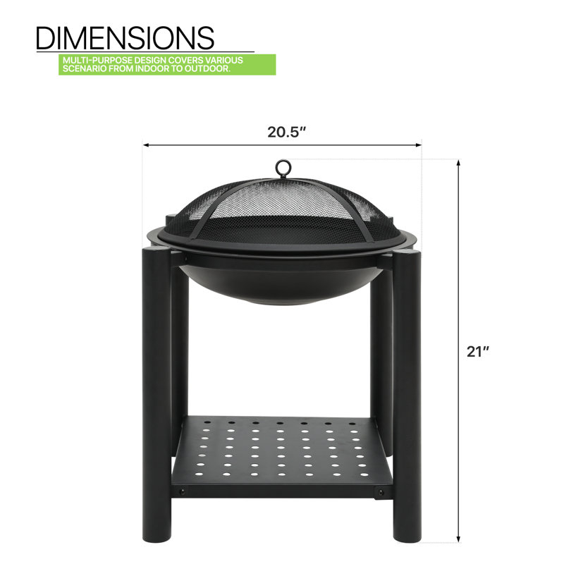 20.5" Black Wood Burning Square Fire Pit with Shelf