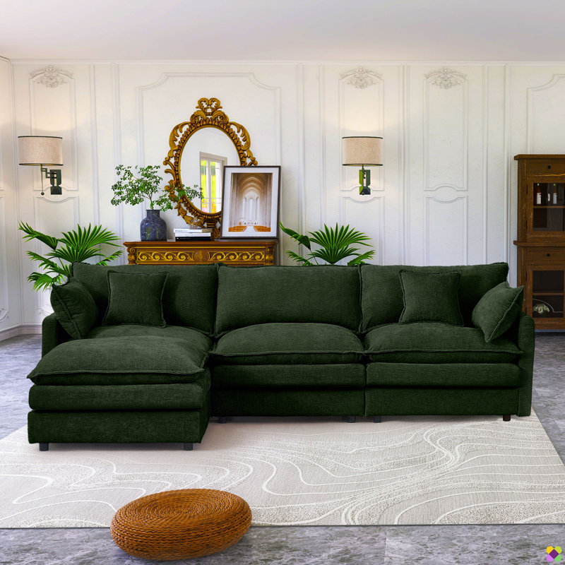 Madteos 105"W Modular Chenille LAF RAF Sectional, Sofa Couch, 3 Seater, Green Chenille