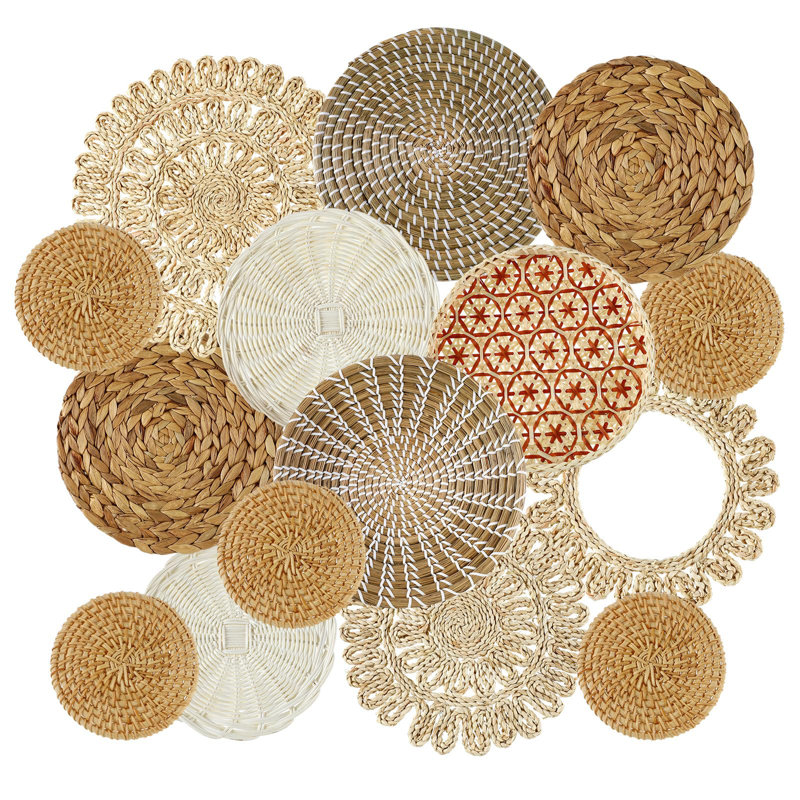 Handcrafted Round Seagrass Boho Wall Basket Set, 15 Pieces