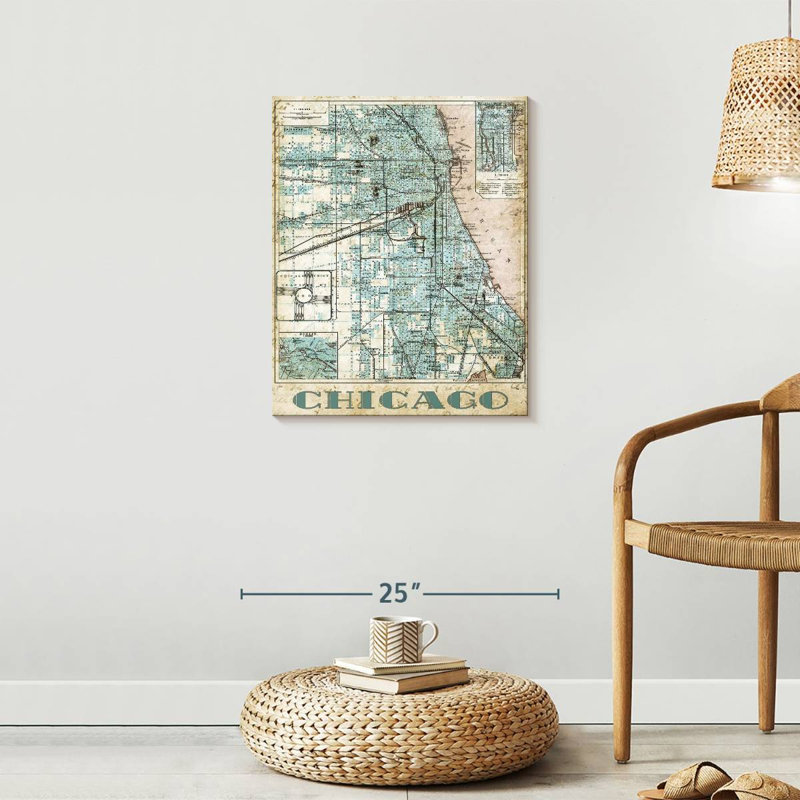 Carte rétro de la ville de Chicago sur impression sur toile, H 20 po x l 25 po x P 1,25 po