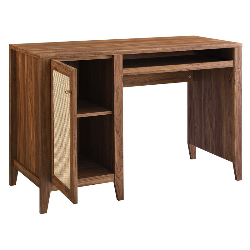 Walnut Wood Office Desk with Rattan Door and Keyboard Tray