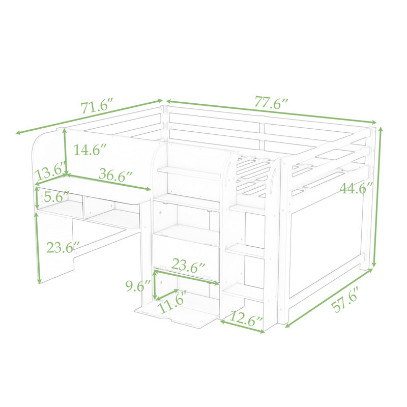 Lit mezzanine double en bois avec armoires de rangement intégrées, tablettes, bureau et tableau blanc, Blanc